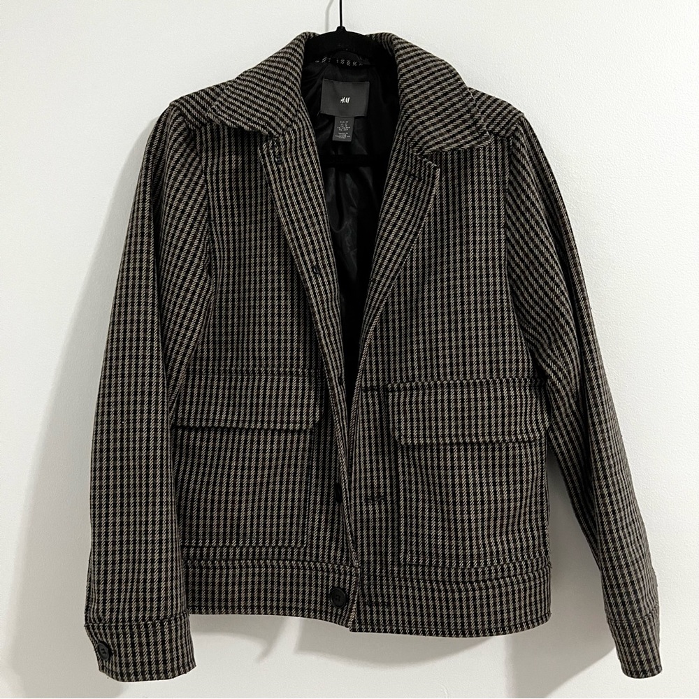 H&M Men Bomber Jacket Houndstood Brown Size XS Peacoat Black Collared Pockets